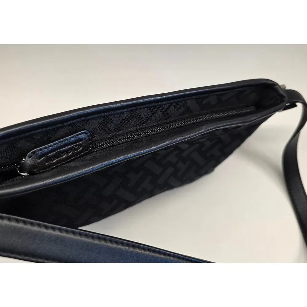 Talbots Black Jacquard Leather Trim Shoulder Bag Zip Top Adjustable Strap